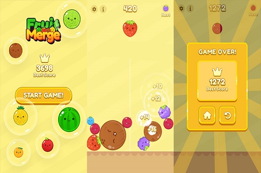 Fruit Merge gameplay beside the game over screen